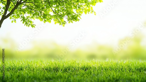 A serene landscape featuring lush green grass and vibrant leaves under soft sunlight, creating a peaceful and refreshing environment for relaxation and nature appreciation.