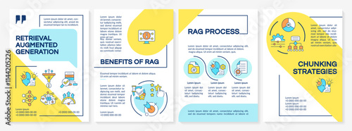 Retrieval augmented generation blue and yellow brochure template. Digital semantic AI improvement. Leaflet design with linear icons. Editable 4 vector layouts. Questrial, Lato-Regular fonts used