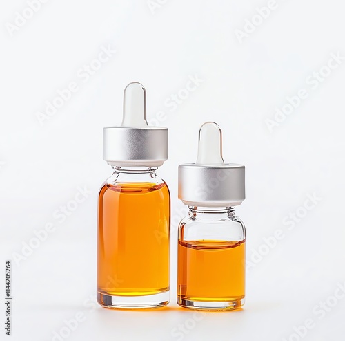 Wallpaper Mural Aesthetic view of two glass dropper bottles filled with golden oil. Perfect for skincare or beauty product compositions, casting shadows on a clean, white background. Torontodigital.ca