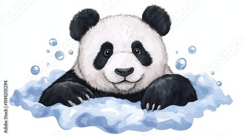 Adorable panda cub bathing amidst bubbles in a playful water scene photo