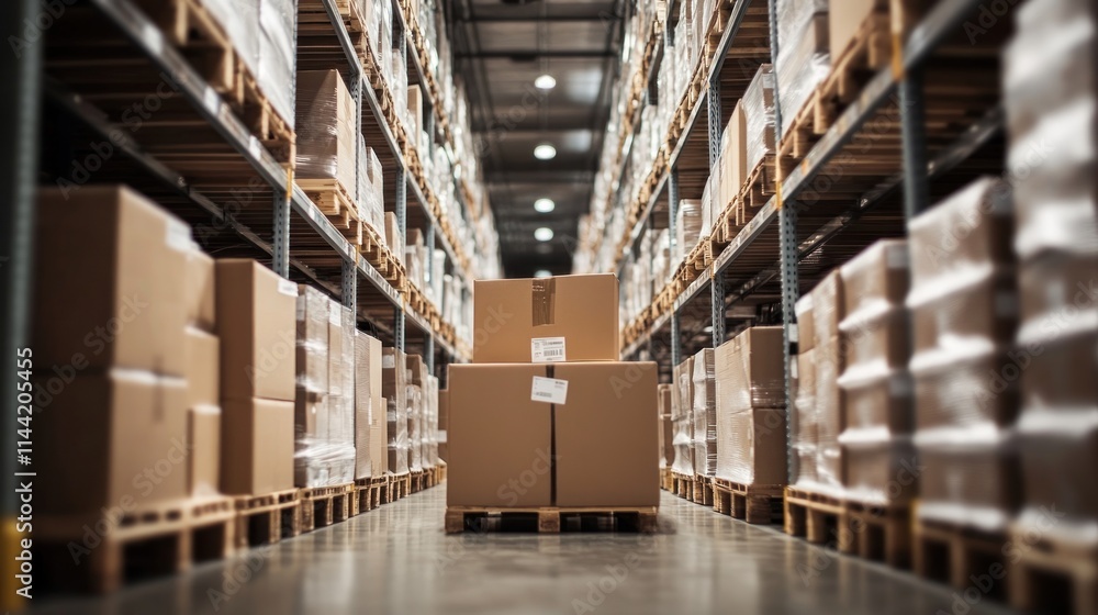 Boxes stacked on pallets in warehouse shelves. Boxes stacked on pallets in warehouse shelves.