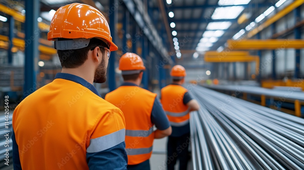 Three workers in orange safety gear and helmets stand in a factory, overseeing metal rods in a spacious industrial setting. Three workers in orange safety gear and helmets stand in a factory, overseeing metal rods in a spacious industrial setting.