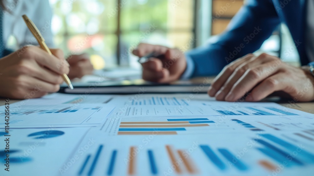 People analyzing data charts with pens on a table. People analyzing data charts with pens on a table.