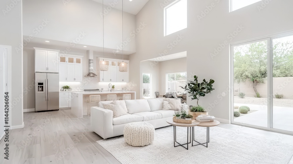 Fototapeta premium Bright, airy open-plan living space with white sofa, kitchen, and high ceilings.
