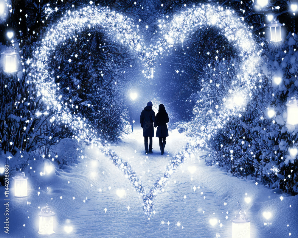 couple walking through snowy path surrounded by glowing heart shaped lights couple walking through snowy path surrounded by glowing heart shaped lights