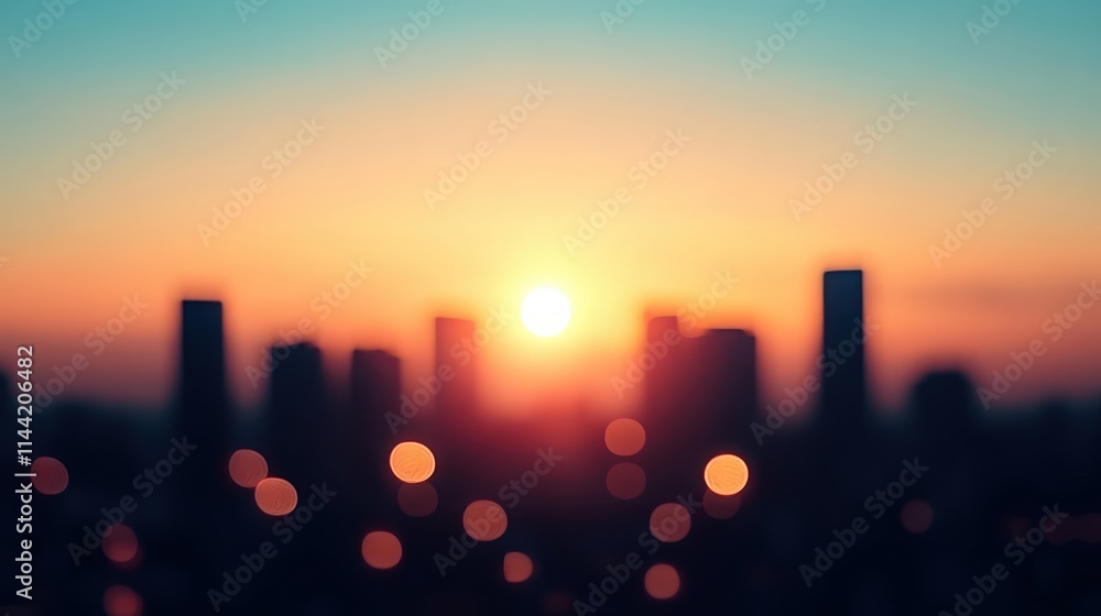 A city skyline with a bright orange sun in the sky A city skyline with a bright orange sun in the sky