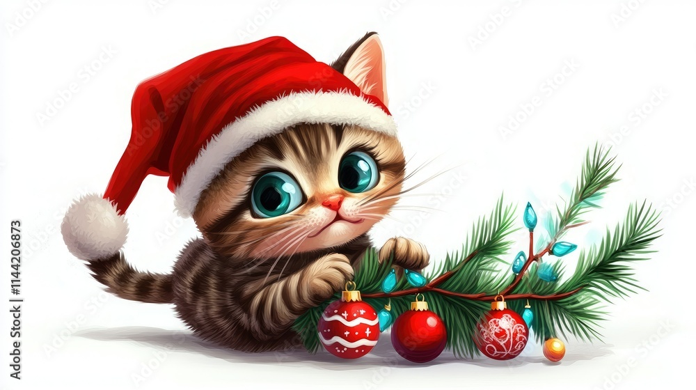 Adorable festive kitten wearing Santa hat, playfully interacting with Christmas ornaments and pine branches, perfect for holiday-themed designs and projects Adorable festive kitten wearing Santa hat, playfully interacting with Christmas ornaments and pine branches, perfect for holiday-themed designs and projects