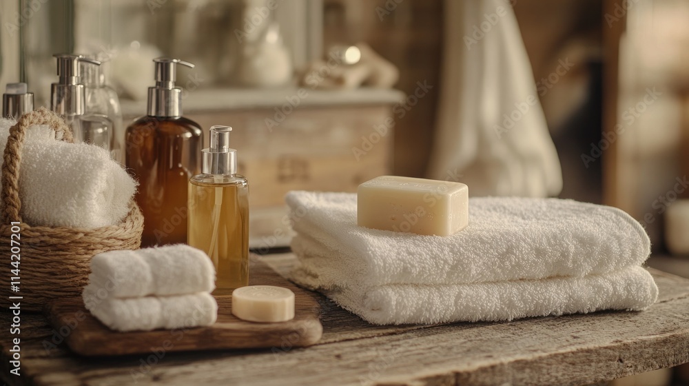 Bathroom amenities with soaps, towels, lotions, and rustic wood. Bathroom amenities with soaps, towels, lotions, and rustic wood.