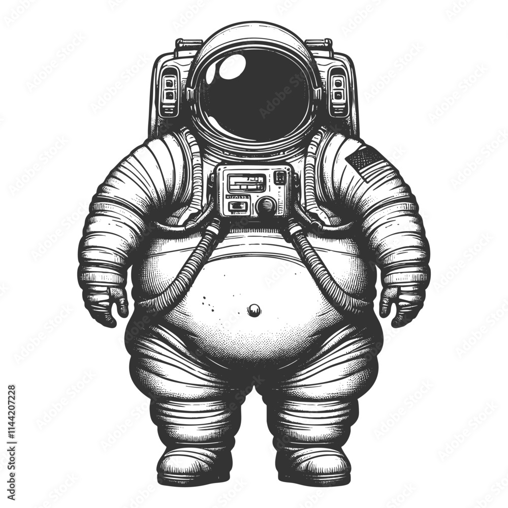 Cartoon body positive astronaut in space suit, pointing upward sketch engraving generative ai fictional character vector illustration. Scratch board imitation. Black and white image. Cartoon body positive astronaut in space suit, pointing upward sketch engraving generative ai fictional character vector illustration. Scratch board imitation. Black and white image.