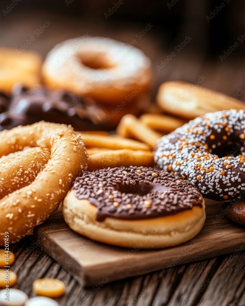 A tempting assortment of freshly baked donuts and pastries elegantly displayed on a wooden board, perfect for dessert lovers and food photography. A tempting assortment of freshly baked donuts and pastries elegantly displayed on a wooden board, perfect for dessert lovers and food photography.