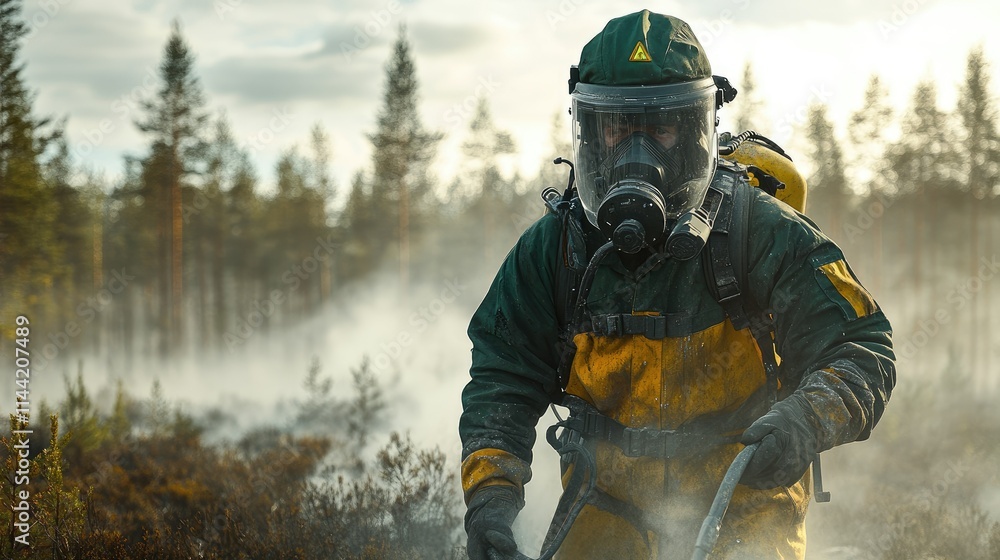 Firefighter in protective gear battling wildfire in forest. Firefighter in protective gear battling wildfire in forest.