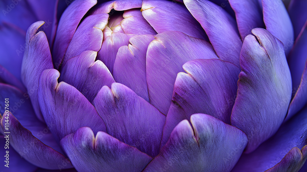Fototapeta premium Macro photography of purple artichoke, intricate texture, lavender isolated background.