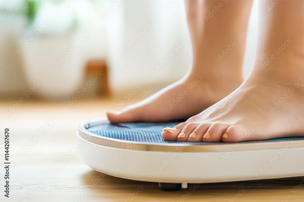Fototapeta premium Bare feet positioned on a digital scale measuring weight indoors during a bright morning