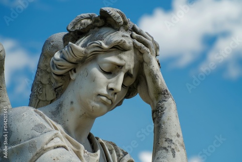 Dumb. Statue of Facepalm in Paris, France. A Sculpture of an Angel in Marbled Stone photo