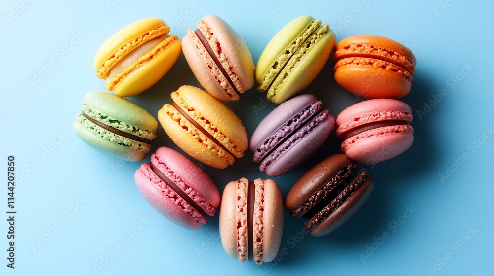 Colorful macarons arranged in a heart shape on a blue background. Colorful macarons arranged in a heart shape on a blue background.
