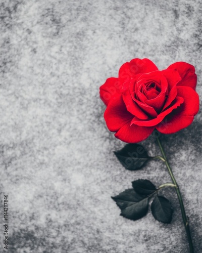 Single red rose on gray background.