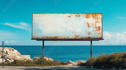 Sunny seaside blank billboard with ocean view and clear blue sky, ideal for advertising in a scenic coastal location photo