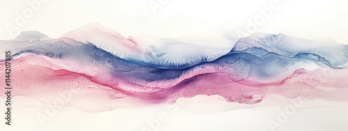 A painting of a mountain range with blue and pink colors