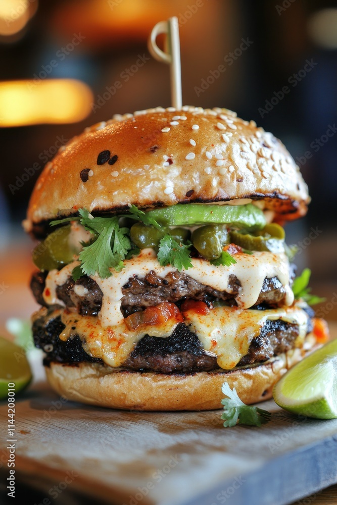 Double cheeseburger with avocado, jalapenos, and sauce on wood board. Double cheeseburger with avocado, jalapenos, and sauce on wood board.