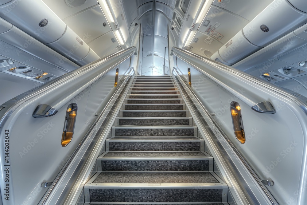 Obraz premium Modern stairway with bright lights leading to the upper deck of a large passenger airplane