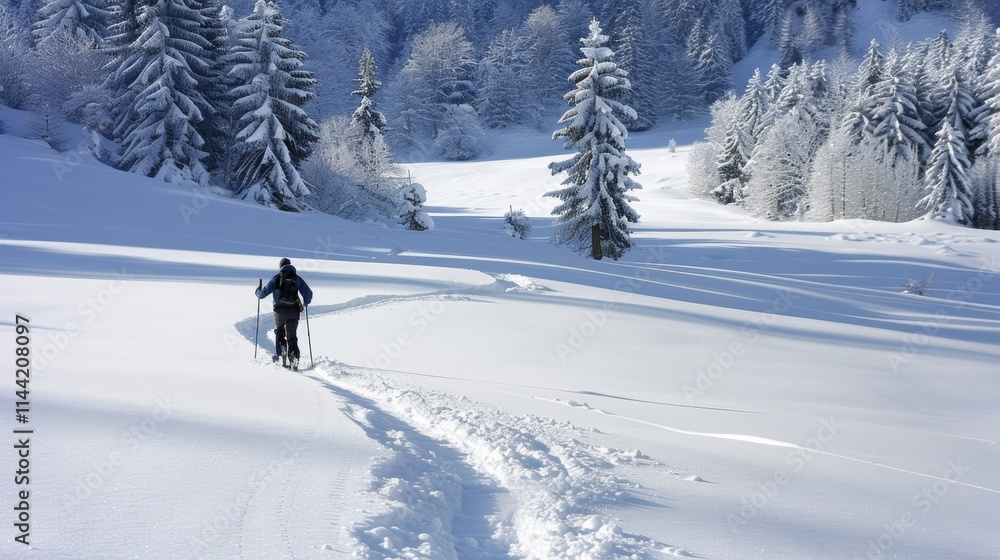 Lone Skier Cross-Country Skiing Through a Forest Covered in Fresh Snow on a Sunny Day Lone Skier Cross-Country Skiing Through a Forest Covered in Fresh Snow on a Sunny Day