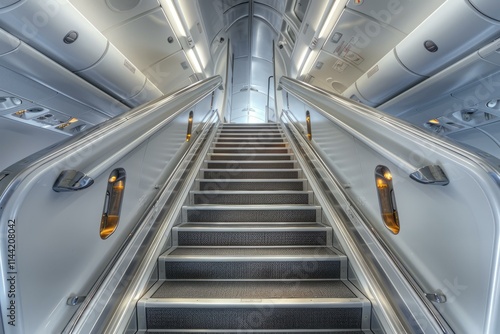 Modern stairway with bright lights leading to the upper deck of a large passenger airplane