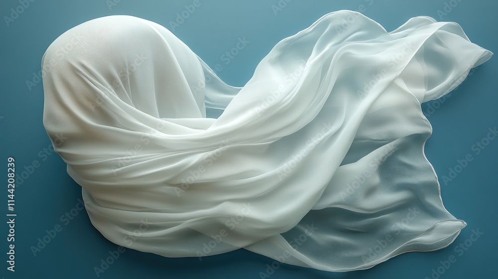 White fabric draped over a sphere against a blue background. White fabric draped over a sphere against a blue background.