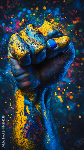 Image of a fist painted with yellow and blue colors, symbolizing strength and artistic expression. photo