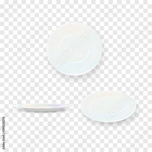 plate isolated. Set white porcelain plates vector mockup in a realistic style on transparent background dining set of round dishes in different angles. Vector