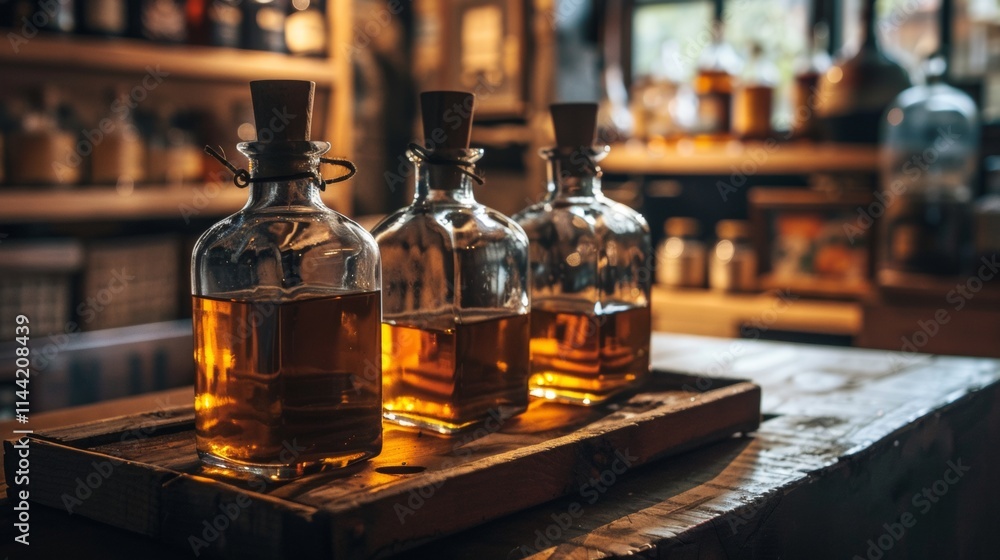 Glass bottles of whiskey on a rustic wooden bar Glass bottles of whiskey on a rustic wooden bar