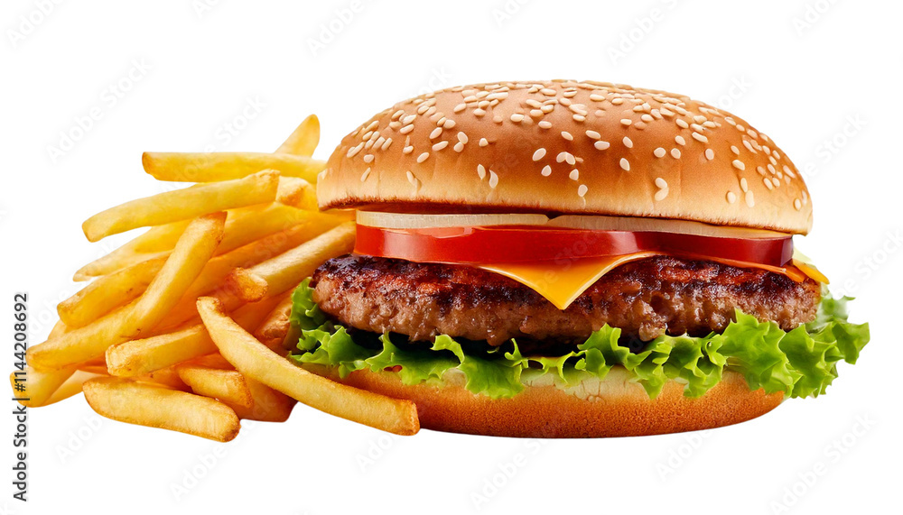 Tasty Burger and Crispy French Fries on a White Background Tasty Burger and Crispy French Fries on a White Background