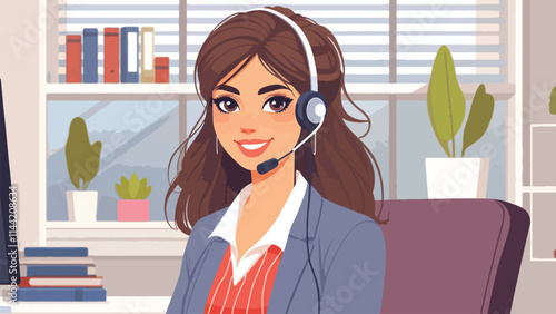 A female customer service person with a headset on her head smiles and poses in her office