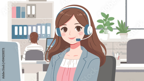 A female customer service person with a headset on her head smiles and poses in her office