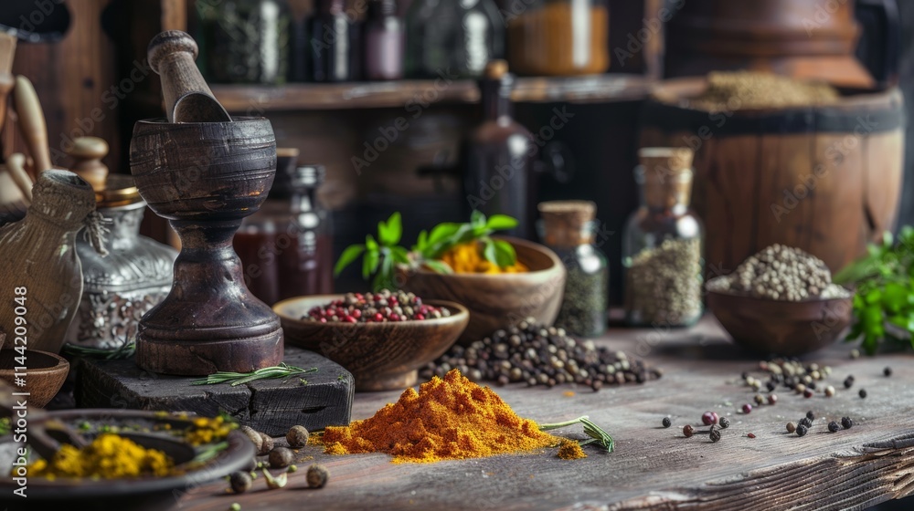 Assorted spices and herbs arranged on a rustic wooden surface Assorted spices and herbs arranged on a rustic wooden surface