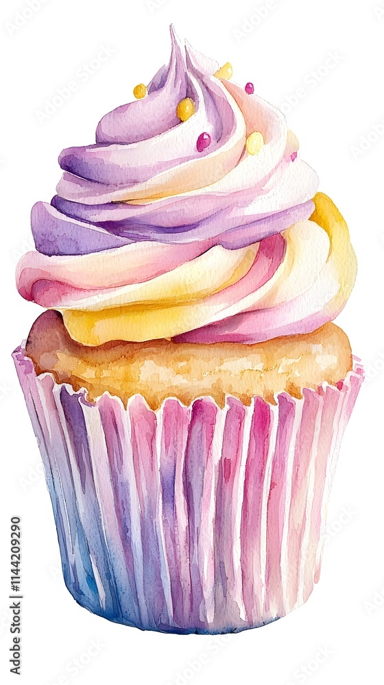 Watercolor illustration of cute cupcakes in soft and cheerful pastel pink and yellow colors Watercolor illustration of cute cupcakes in soft and cheerful pastel pink and yellow colors