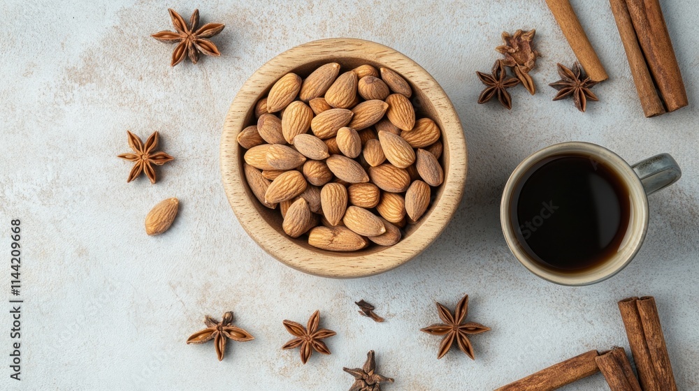 Almonds in bowl with coffee, anise, and cinnamon sticks on beige background. Almonds in bowl with coffee, anise, and cinnamon sticks on beige background.