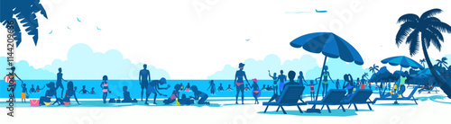 People on the beach crowd silhouettes, travel and tourism.