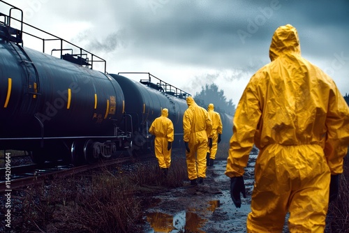 Group of workers in yellow hazmat suits walking near train cars on a gloomy day.