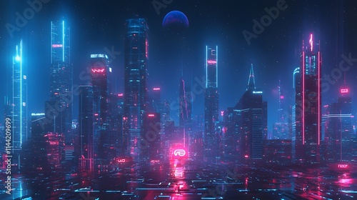 High-Tech Urban Skyline with Space and Neon Details