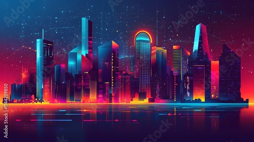 Modern City Vector with Neon Lights and Tech Elements