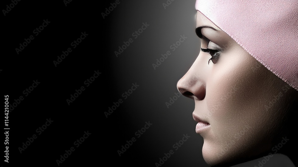 Cancer concept. A serene profile of a woman wearing a pink headscarf, captured in soft lighting against a dark background. Cancer concept. A serene profile of a woman wearing a pink headscarf, captured in soft lighting against a dark background.