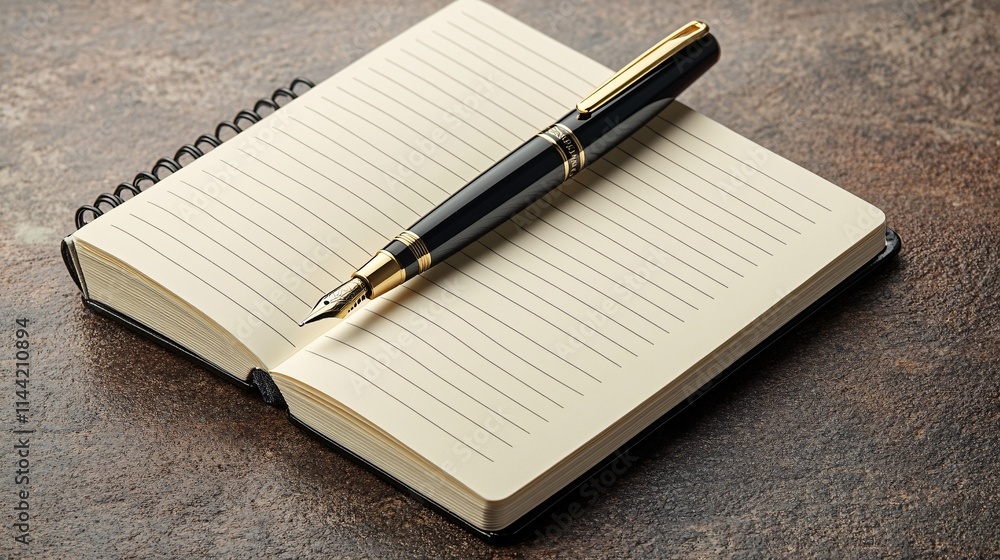 Mockup of blank space on a spiral notebook, vertical full page with a black and gold pen, perfect for sketches, notes, or to-do lists. Mockup of blank space on a spiral notebook, vertical full page with a black and gold pen, perfect for sketches, notes, or to-do lists.