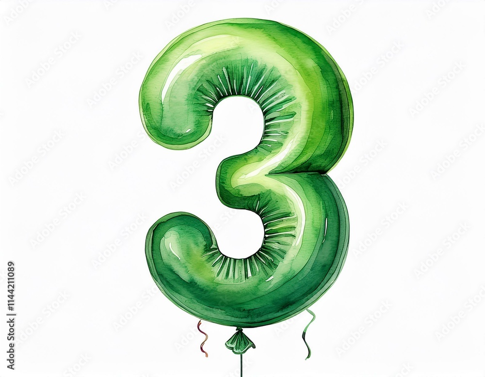 Green birthday / anniversary balloon, number 3, watercolor painting with white background Green birthday / anniversary balloon, number 3, watercolor painting with white background