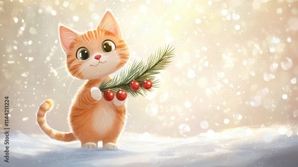 Obraz premium Cute Ginger Cat Holding Christmas Branch with Berries in a Snowy Winter Wonderland, Soft Warm Glow of Holiday Lights and Sparkling Snowflakes