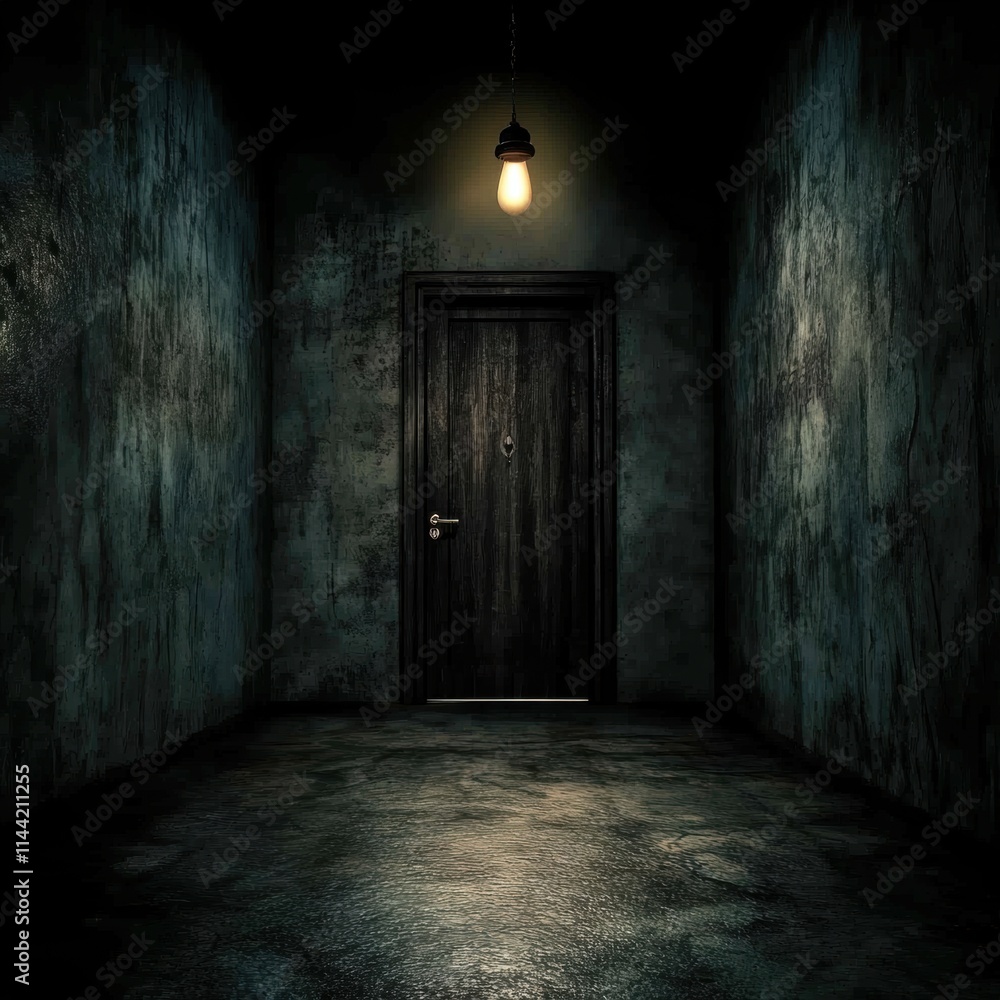 Obraz premium Dark and Gloomy Room with a Single Light Bulb Above a Door
