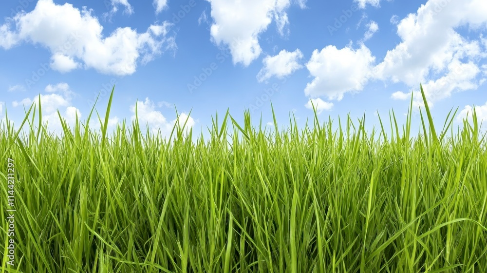 A vibrant green grass field under a clear blue sky dotted with fluffy white clouds, showcasing a serene and refreshing natural landscape. A vibrant green grass field under a clear blue sky dotted with fluffy white clouds, showcasing a serene and refreshing natural landscape.