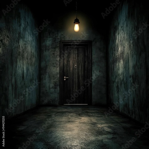 Dark and Gloomy Room with a Single Light Bulb Above a Door