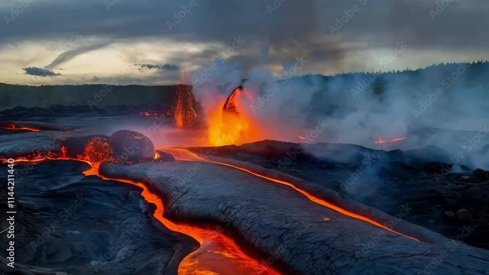 A dramatic scene of an intense volcanic eruption A dramatic scene of an intense volcanic eruption