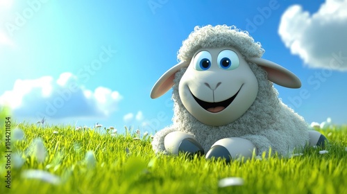 Cute Cartoon Sheep Sitting in a Green Field under a Blue Sky with Fluffy Clouds, Perfect for Kids' Illustrations and Animal-Themed Projects photo