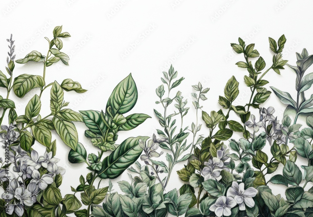 Lush Greenery and Delicate Florals in Botanical Illustration Design
